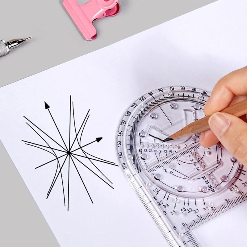Juego de reglas geométricas multifuncionales, regla de dibujo de matemáticas con 14 figuras geométricas, conjunto de transportador redondo