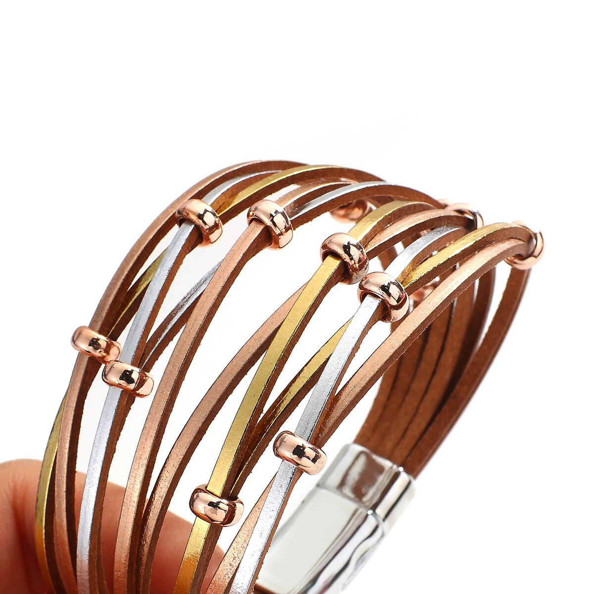 Allyes simples boho cruz buraco líquido contas de metal ampla envoltório pulseiras para mulheres multicamadas pulseira de couro feminino jóias presentes