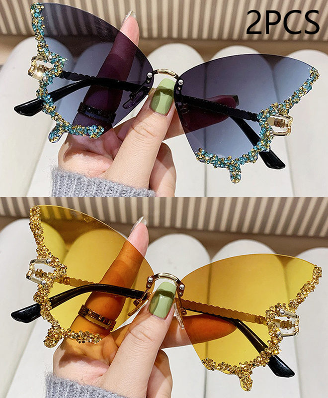 Luxus Diamant Schmetterling Sonnenbrille Frauen Y2K Jahrgang Randlose Übergroße Sonnenbrille Damen Brillen: Kaffee