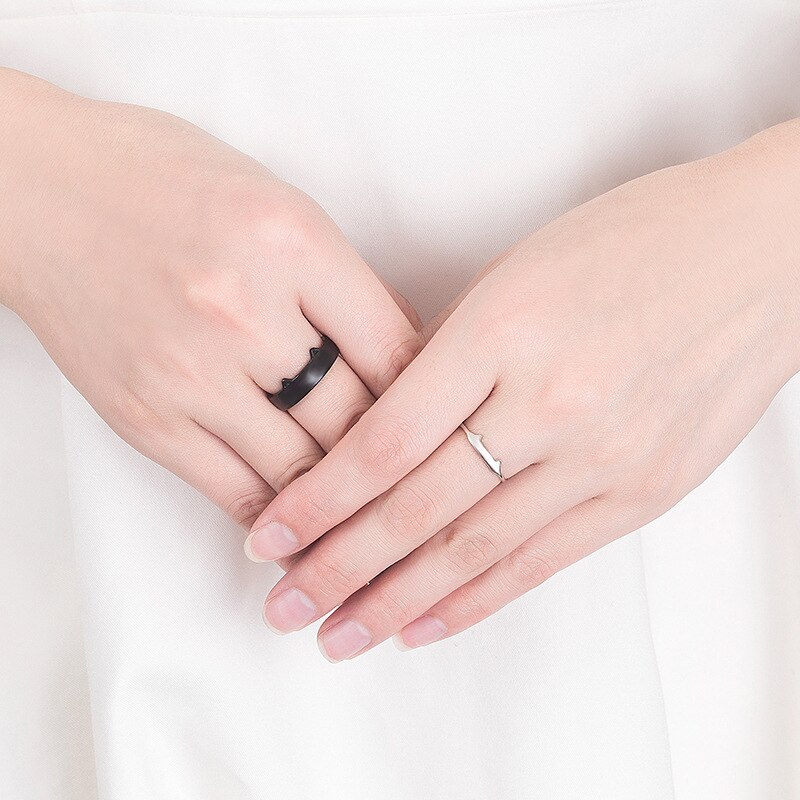 Trendiger partnerring aus edelstahl mit schwarzer und weißer katze, schlicht, süß, Ideal für studenten, offener Ring, #39