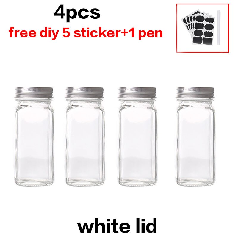 8pcs Lid Condiment Pot Seasoning Bottle Glass Kitchen Supplies And Materials Saltcellar Canister Set DIY Sticker Glass Spice Jar: 4pcs A