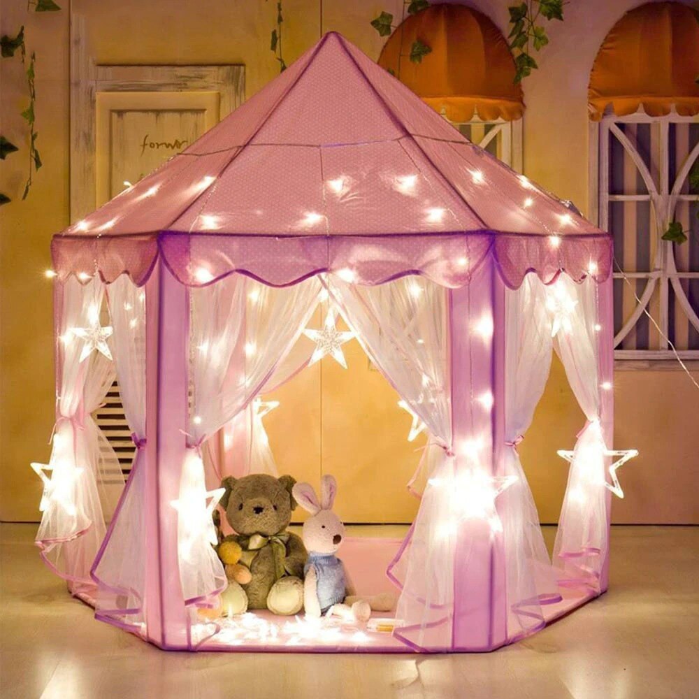 Castillo de princesa rosa para niñas, tienda de campaña para jardín exterior, plegable, piscina, casa de juegos portátil