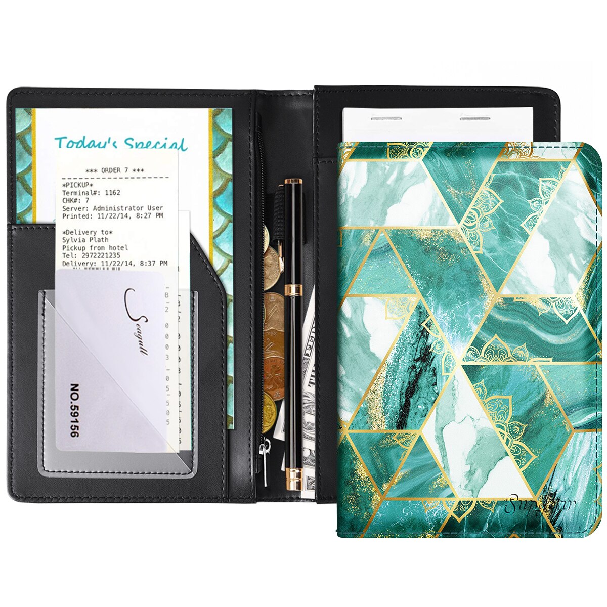 Server Book for Waitress Waiter Marble Style Zipper Pouch with Pen Holder Zipper Pockets ID Checks Holder Receipt Organizer