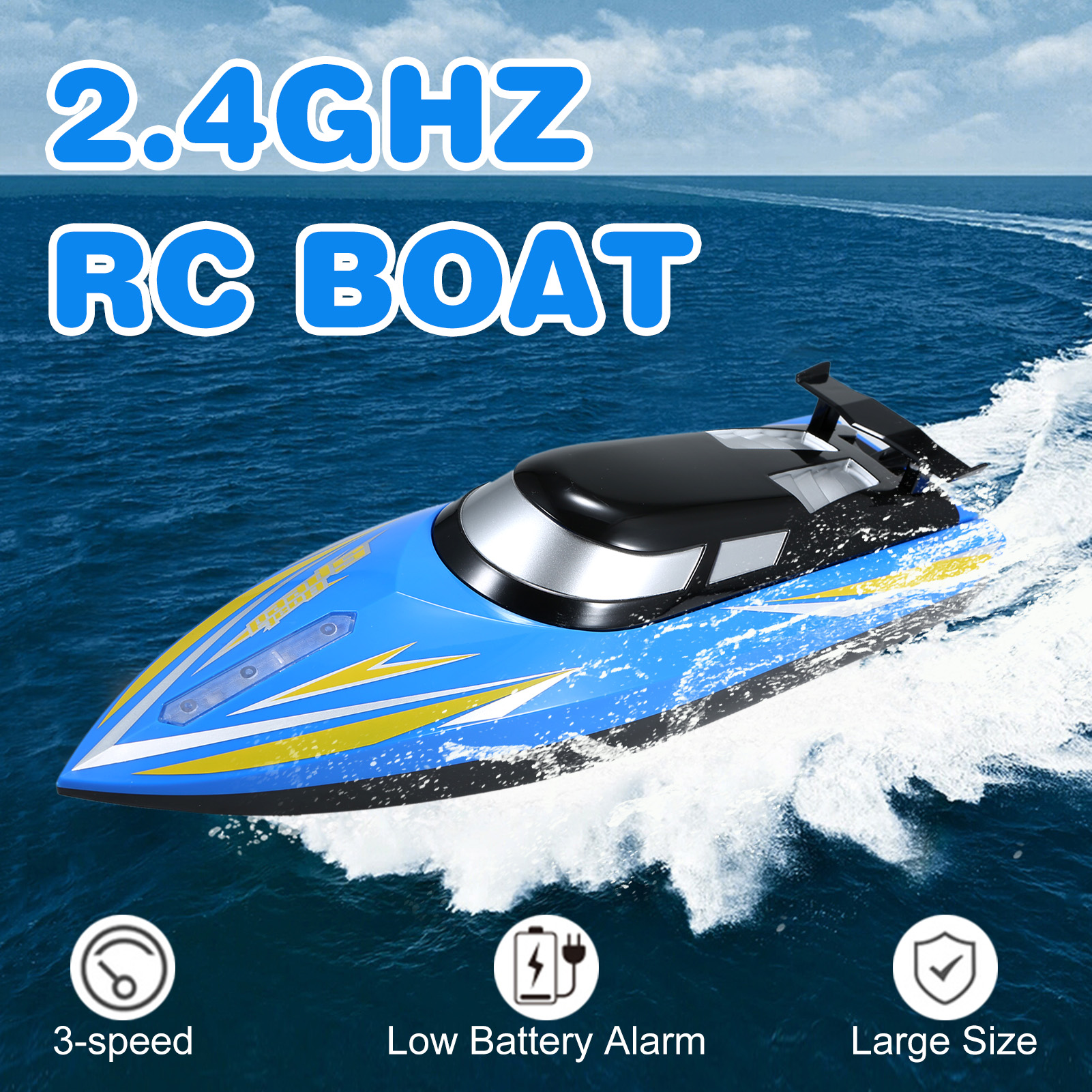 Bateau télécommandé 25 km/h 2.4GHz, grande taille RC, jouet pour enfants adultes garçons, 3 vitesses, alarme de batterie faible
