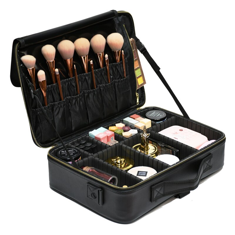 Pu Lederen Cosmetische Zak Gouden Rits Make Up Box Grote Capaciteit Opslag Handtas Reizen Insert Toilettas Make-Up Koffer