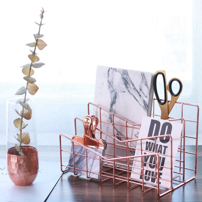 Letter Holder Business Office File Tray Metal Rose Gold Mail Envelope Vertical Organizer 3 Layer Hollow Out Rack
