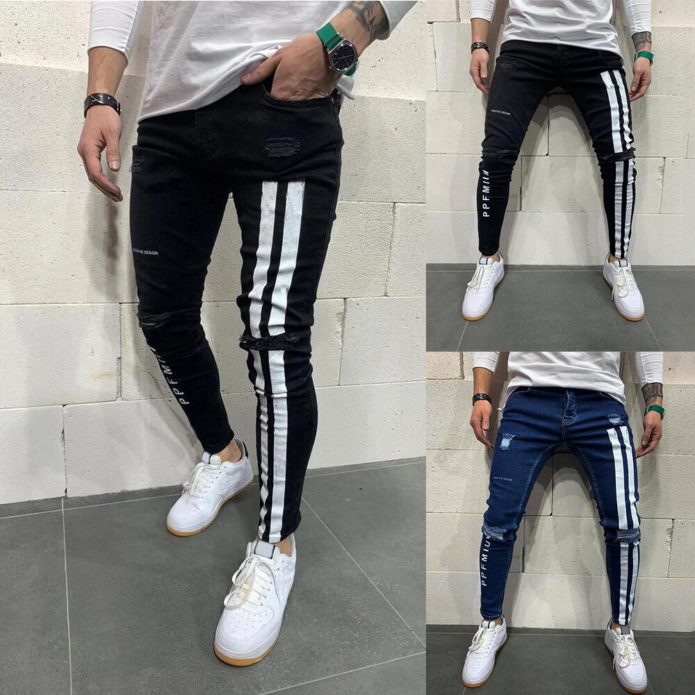 De los hombres flacos Biker vaquera lado rayas Hombre Vaqueros pantalones con rasgado destruido agujero rayado cremallera Slim pantalones D30