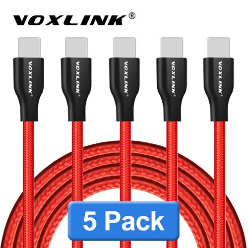 VOXLINK – lot de 5 câbles USB tressés en Nylon pour iphone X XS XR, charge rapide, synchronisation des données 2,4 a, pour iphone xs max 8Plus 7 6s ipad mini: Red 5pcs cable / 2m