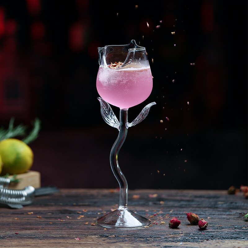 High Rose Shape Goblet Transparent Pink Rose with Leaves Wine Champagne Glasses Romantic Water Cups