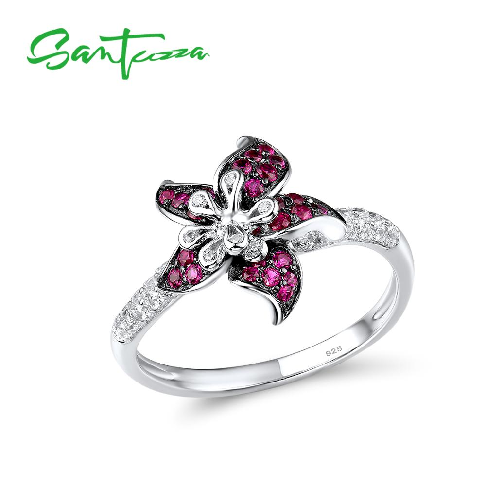 SANTUZZA Silver Ring For Women 925 Sterling Silver Blooming Flower Blue Pink White Cubic Zirconia anillos Party Fine Jewelry: 6 / Pink Flower