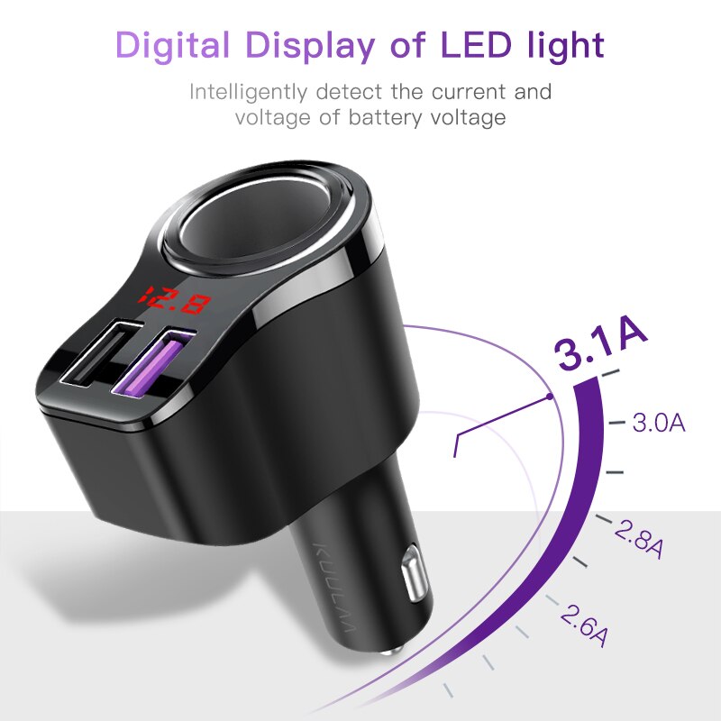 KUULAA Dual USB Auto Ladegerät Schnell Ladung 3,0 LCD Anzeige Zigarette Leichter Buchse Typ-C Adapter PD Auto Ladegerät für praktisch