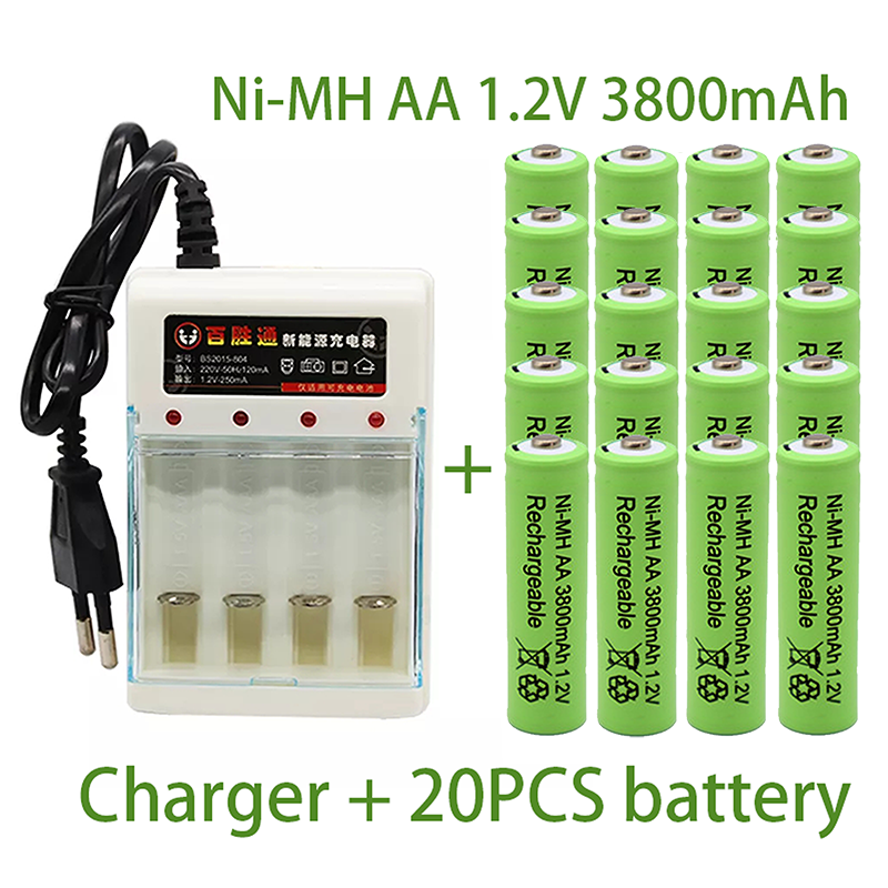 Aa 1.2v 3800 mah batteri ni-mh genopladeligt batteri til legetøjsfjernbetjening genopladelige batterier  aa 1.2v batteri+oplader: Grøn