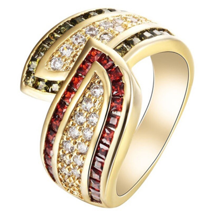 Luxury Gold Color Staggered Micro Pave CZ Stone Ring For Women Men Red Rhinestone Wedding Ring Good Jewellery Z5M343