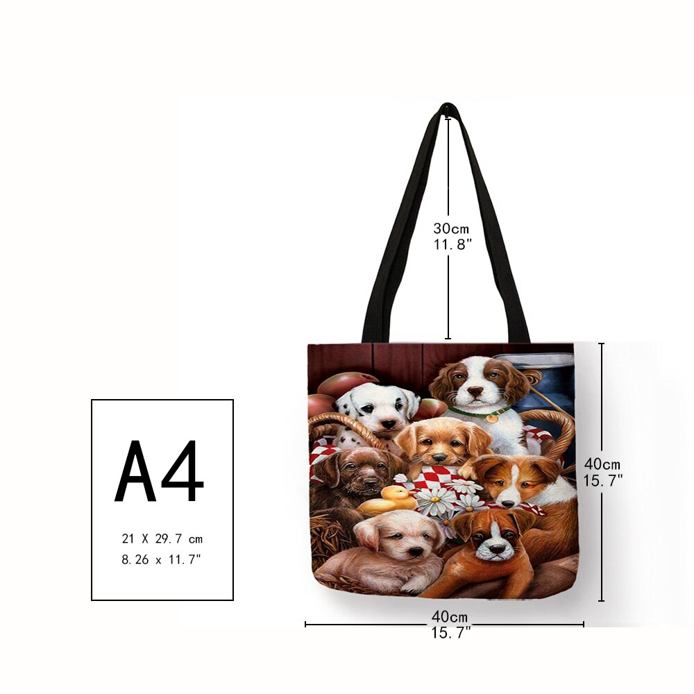 Linnen Praktische Shopping Handtas 3D Kat Golden Retriever Patroon Schoudertassen Vrouwelijke Strand Bakken Bolsas Feminina