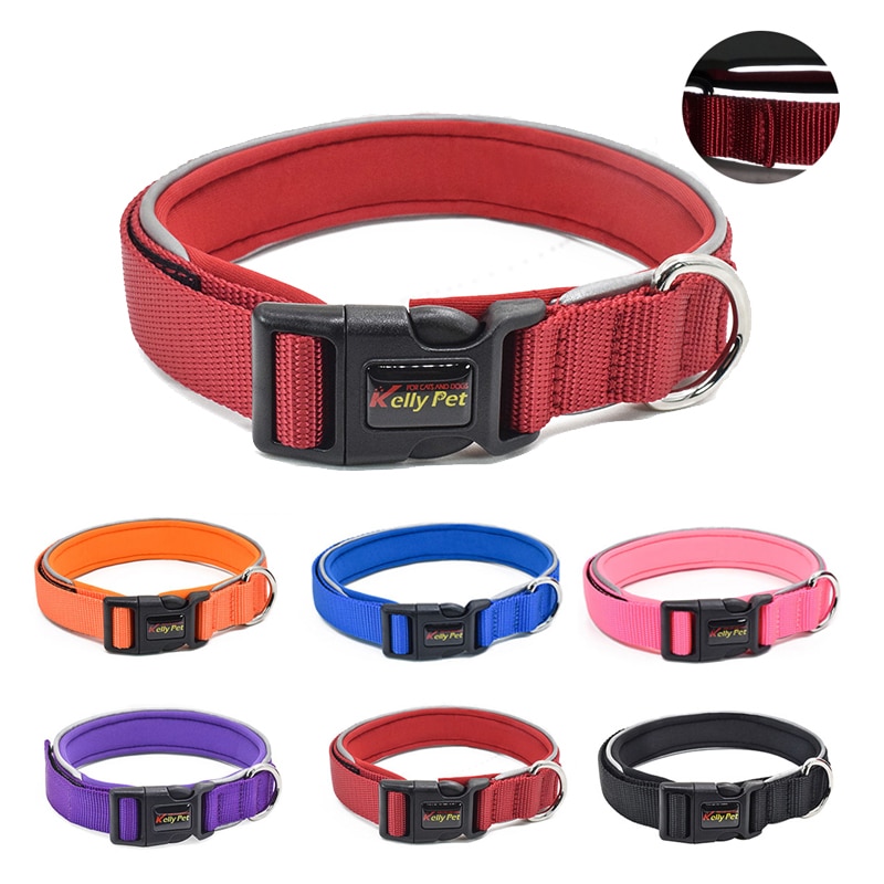 Nylon Dog collar reflective piping padded pet collar adjustable buckle for small medium big dogs orange black pink pet products