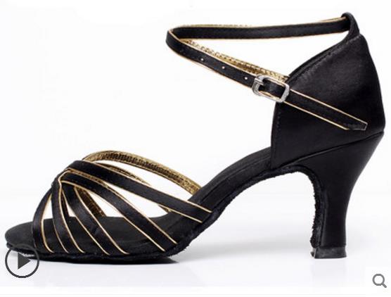 Vrouwen Latin Dans Schoenen Hoge Hakken Koeienhuid zachte bodem Black satin Sport schoen Latin Indoor Goedkope Meisje Beoefenen Grote Korting: gold BLACK heel7.5cm