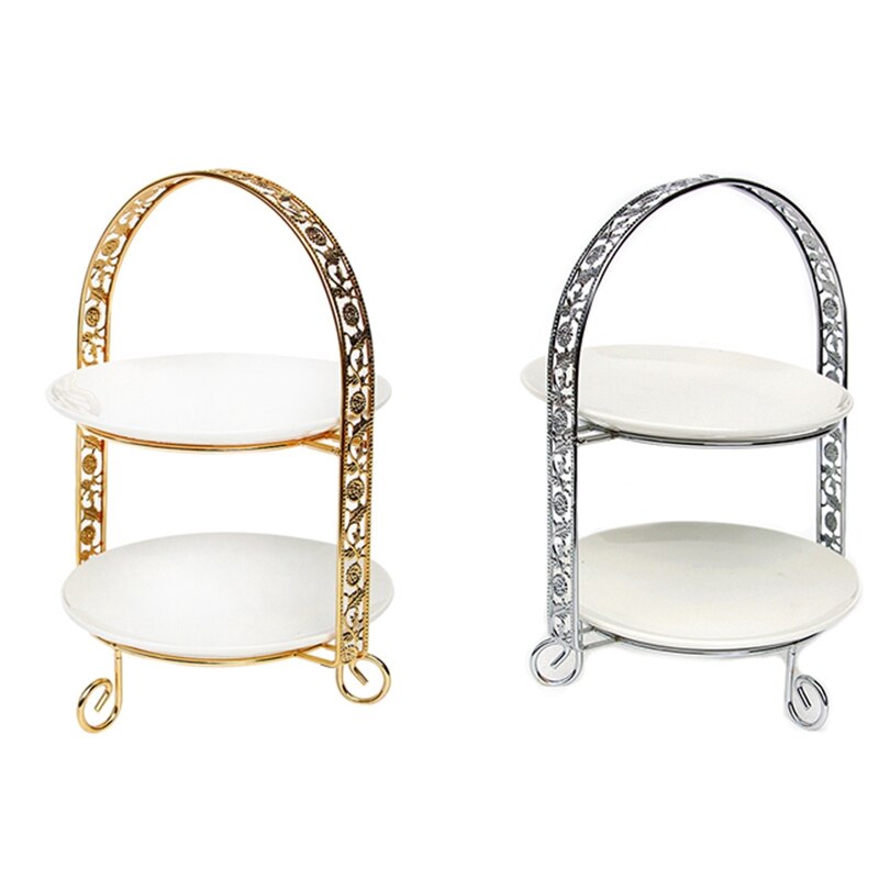 Metalen Cake Stand Double-Layer Boog-Vormige Gouden Fruit Dessert Rack Bruiloft Verjaardag Partij Decoratie Cupcake Stand