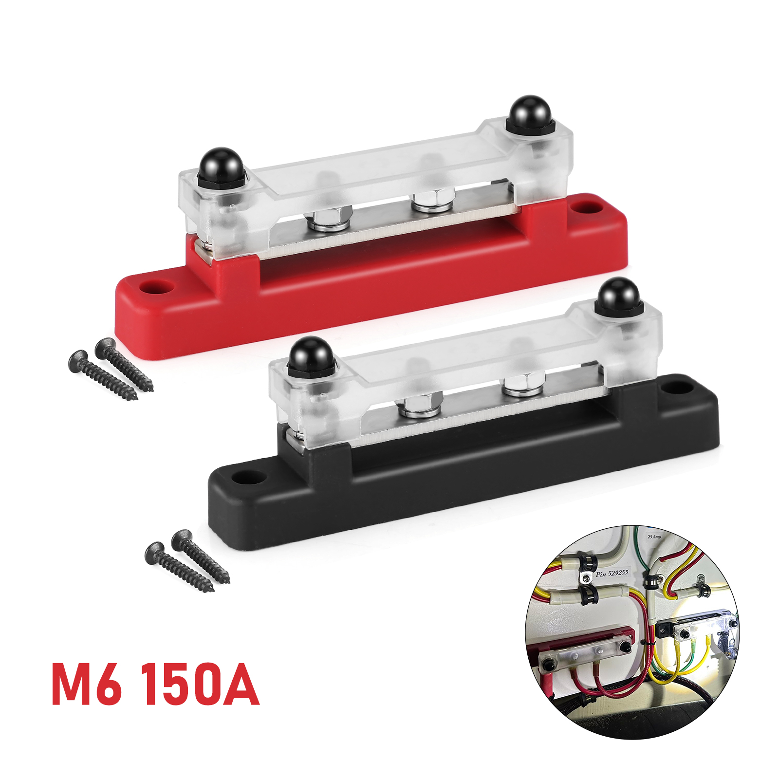 12V-48V Busbar Terminal Block Battery Bus Bar Terminal Block 48V 150A Marine 8x1/4 M6 Power Distribution Block with Cover