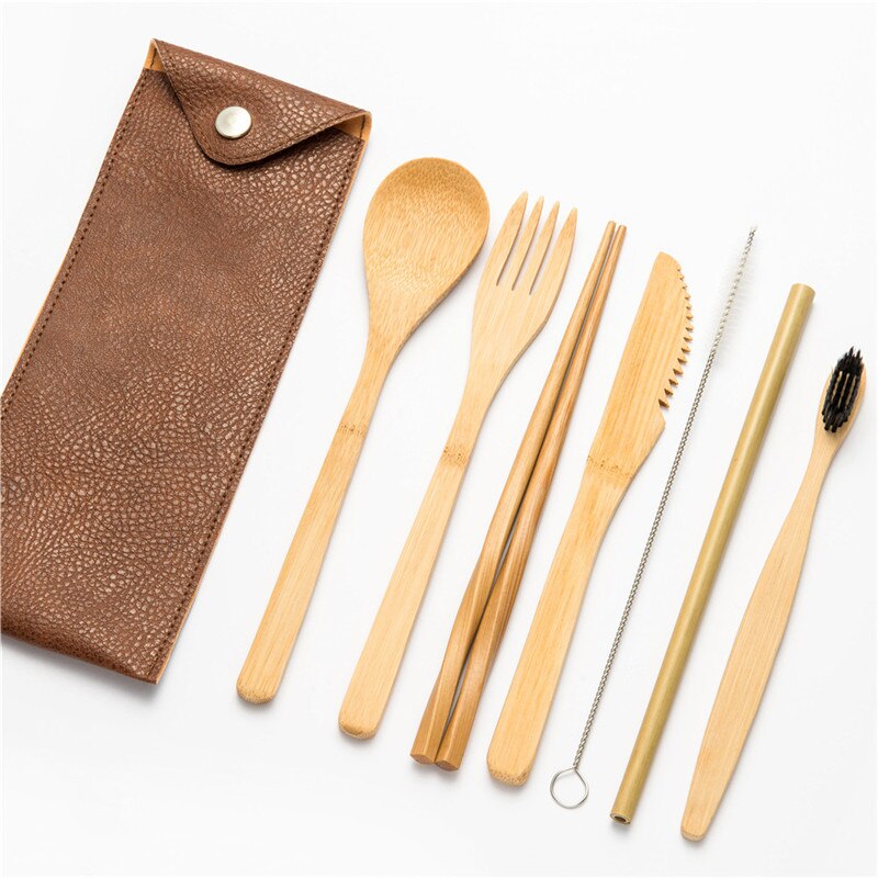 Resebestick set utomhus bambu servis set bestick trä bestick redskap kök inkluderar kniv gaffel sked set för picknick: 8 st borste 07