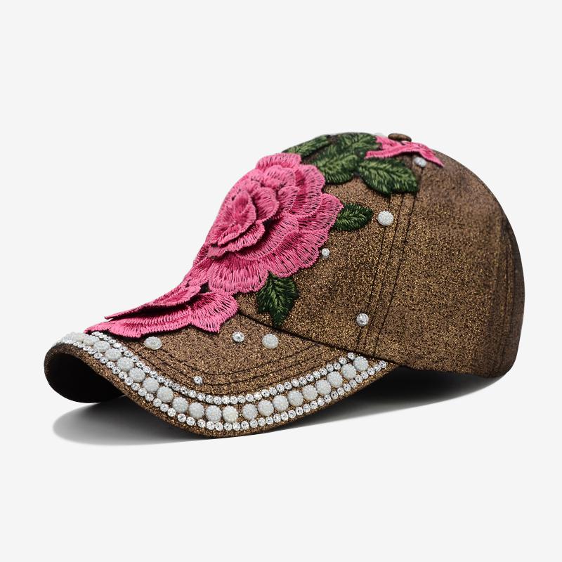 Cokk kvinders baseball cap broderi blomst perler snapback hatte til kvinde dame fest sommer sol hat kvinde cap gorras casquette: Brun