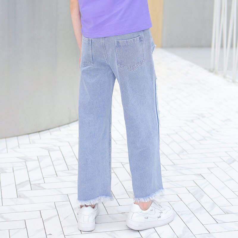 Teen Girls Fashion Jeans tinta unita cuore strappato stile coreano Denim di alta qualità pantaloni larghi pantaloni alla caviglia 4-14Y bambino