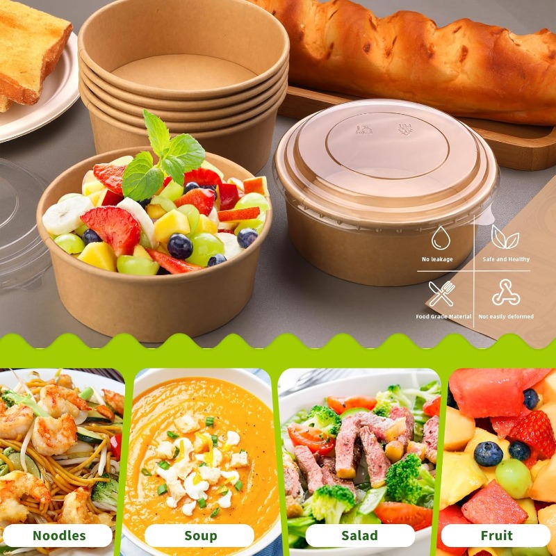 10/20 szt. Jednorazowe pudełka na obiad kraft, pojemniki na owoce i sałatki, szybkie opakowania na jedzenie z pokrywką na imprezy i kemping