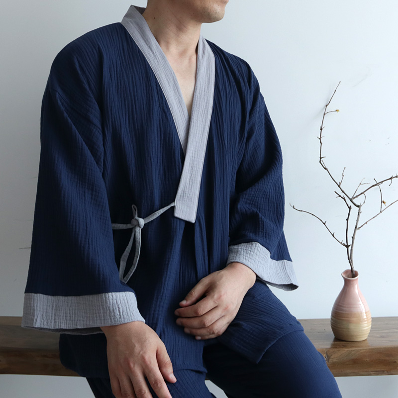 Kimono japonais hanfu pour hommes et femmes, en crêpe délavée, en coton pur, manches longues, peignoir de bain, ensemble haut et pantalon yukata, 2022