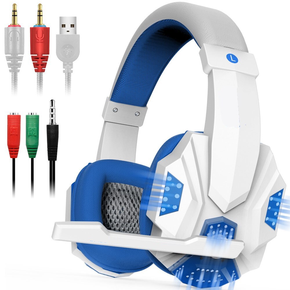 HYASIA LED Light Headset Bass Gaming Headphones Wire Game USB 3.5mm Suitable for PS4 Computer Game With Mic Gaming Earphone PC: White