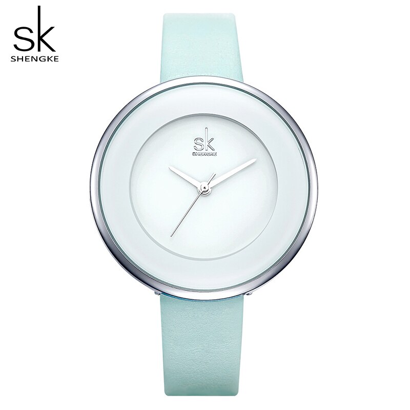 Shengke Hemelsblauw Lederen Band Gesp Vrouwen Horloges 38 Mm Grote Top Brand Eenvoudige Wijzerplaat Quartz Luxe Dameshorloge Reloj mujer: blue 01