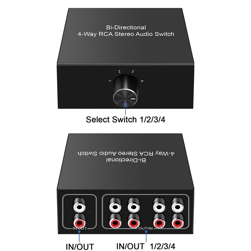 4-Way Stereo L/R Sound Channel Bi-Directional Audio Switcher, 1 in 4 Out /4 in 1 Out, Audio Switch Splitter for Speaker