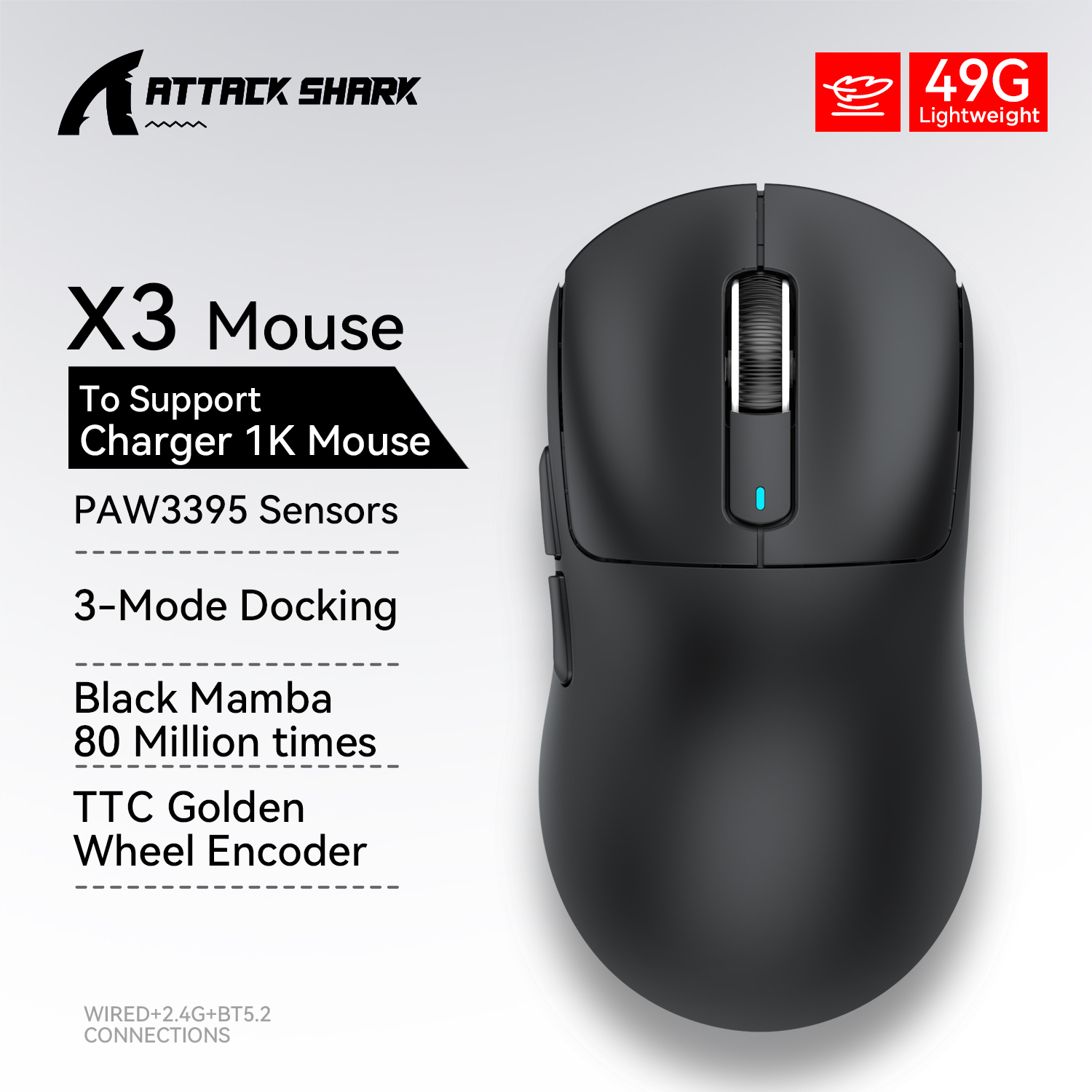 X3 PixArt PAW3395 mysz Bluetooth 2.4G połączenie Tri-Mode, 26000dpi, 650IPS, 49g lekka makro mysz do gier: Czerwony