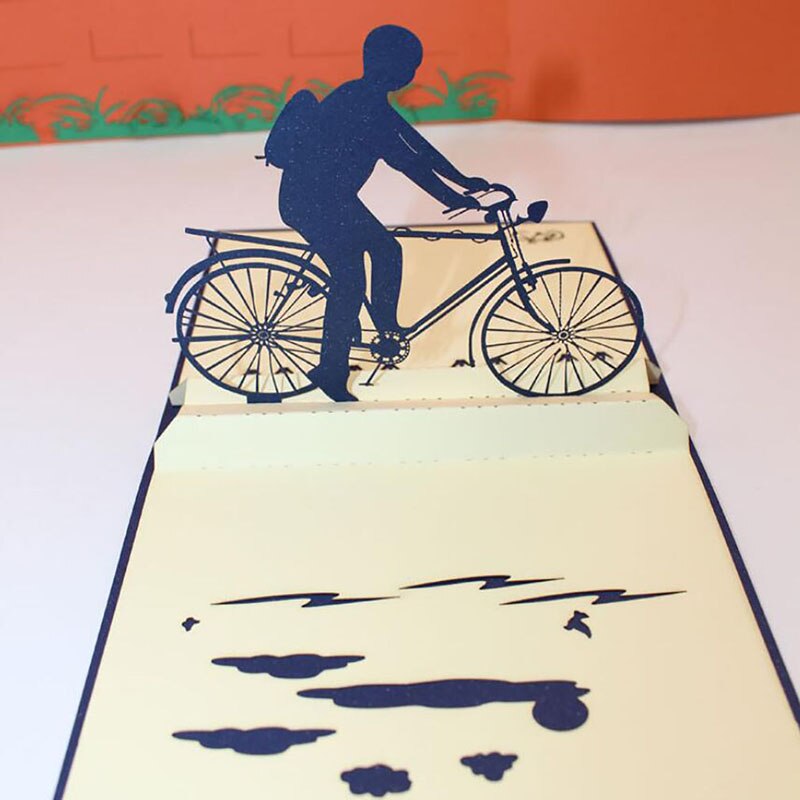 Meilleure papier pour bricolage coupe Pop Up carte de voeux de vélo 3D à la main équitation un vélo fête des pères cartes avec enveloppe