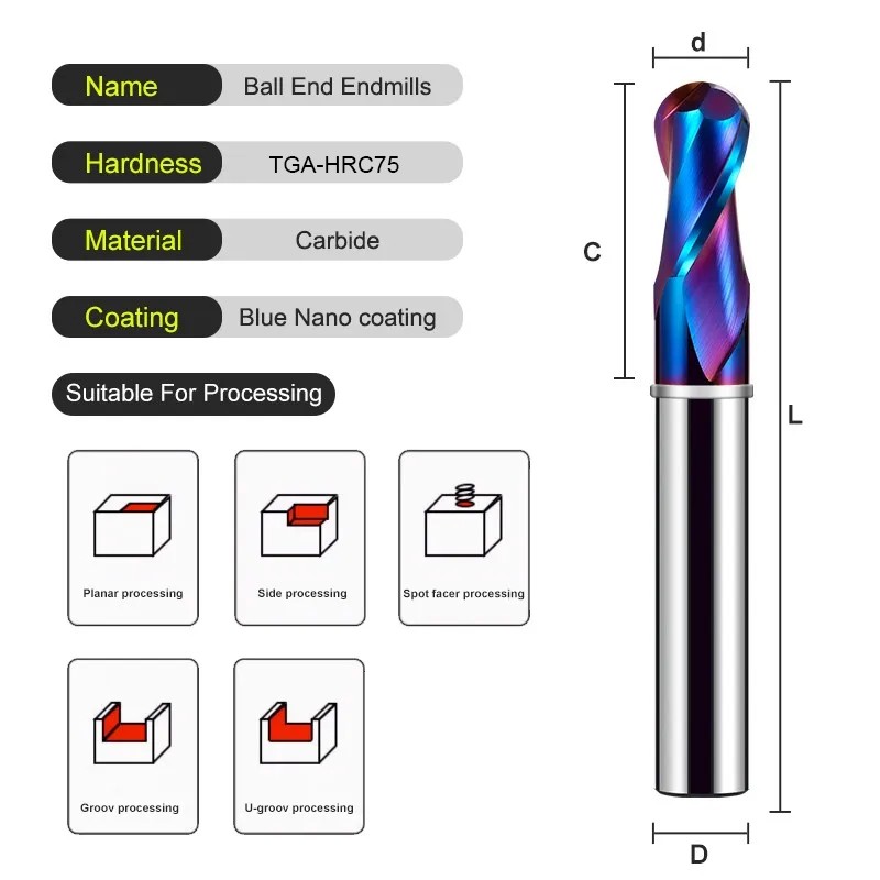 AZZKOR TGA-HRC75 2-Flute Ball End Mill Tungsten Steel Carbide Blue Nano Coating CNC Mechanical Machining Milling Cutter Tools