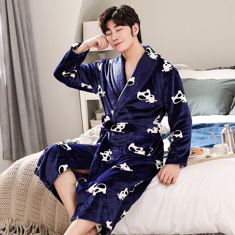Xizou høst vinter herre pyjamas dyreprint langermet pyjamas nattmorgenkåpe mannlig flanell kimono badekåpe nattøy