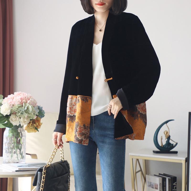 Lady Chinese Style Velvet Coat Women Retro Print Qipao Button Top Black Yellow Loose Blouse Patchwork Jackets Tops Robes