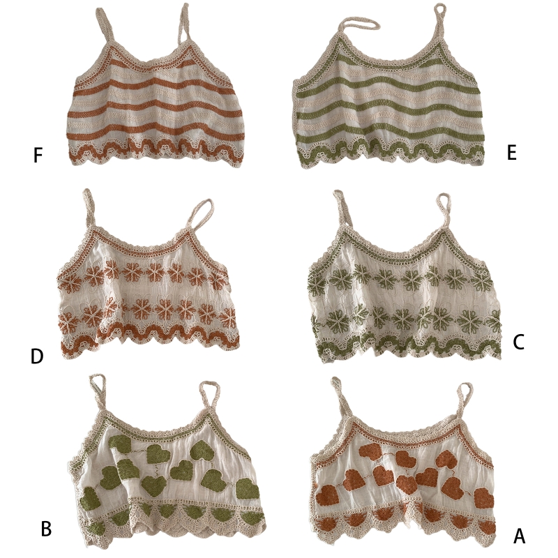 Camisola Vintage de lino y algodón para mujer, Top corto con tirantes finos y bordado de corazón a rayas, chaleco de ganchillo para playa