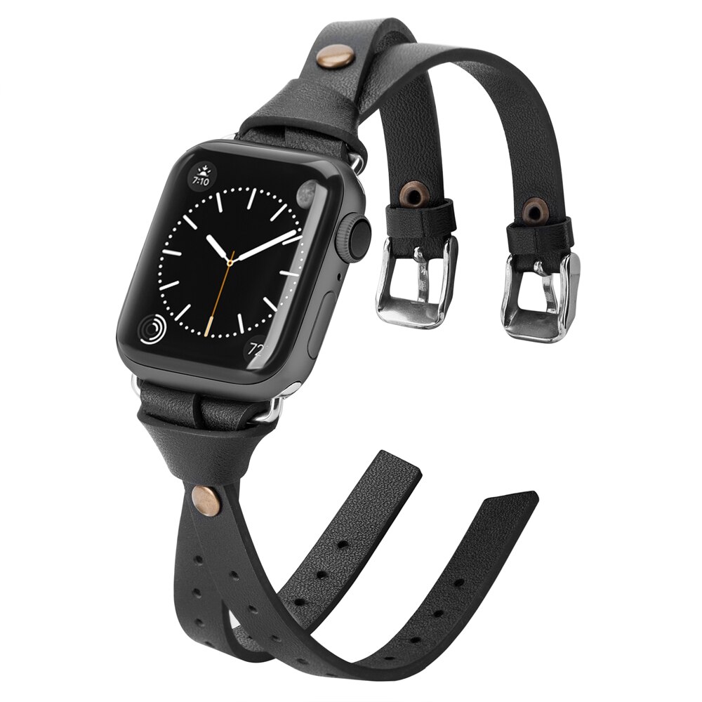 Toyouths dobbel skinnrem for apple watch serie 5 4 3 2 1 stropp for iwatch chic kvinner menn skinn 38mm/40mm /42mm/44mm: Svart / 38mm 40mm