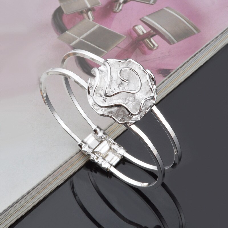 OMHXZJ Persoonlijkheid Mode OL Vrouw Meisje Party Zilveren Bloem Open 925 Sterling Zilveren Manchet Bangle Armband BR166