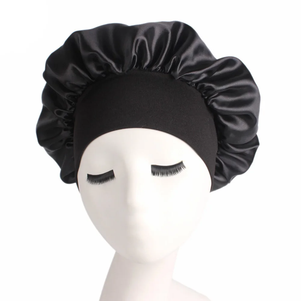 Women's Satin Solid Wide-brimmed Sleeping Hat Night Sleep Cap Hair Care Bonnet Nightcap For Women Men Unisex Cap bonnet de nuit: black
