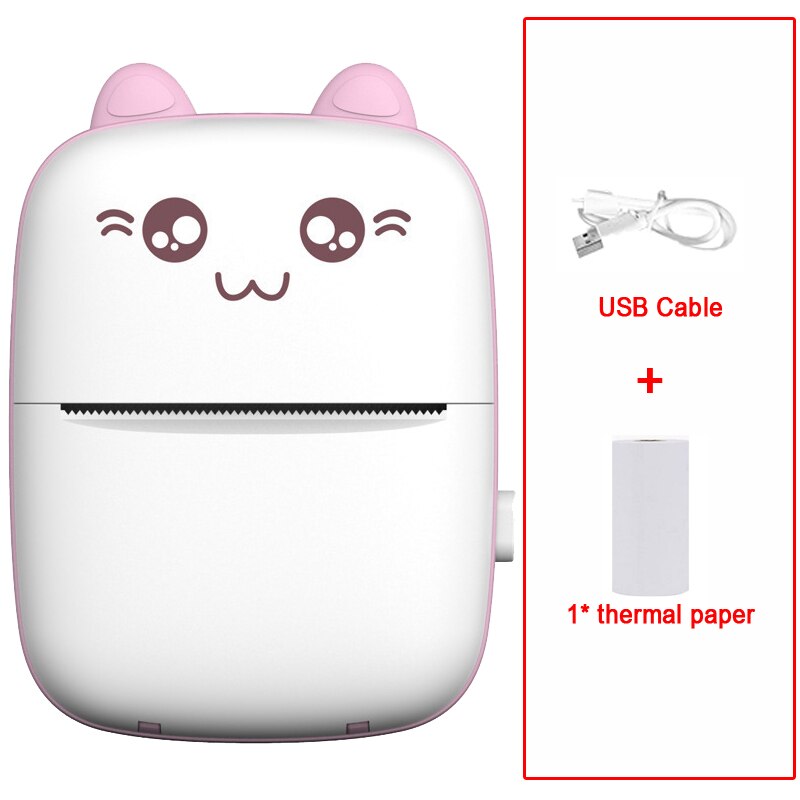 Portable MINI CAT Printer Thermal Print Photo Pocket Thermal Label Printer 58mm Printing Wireless Bluetooth Android IOS Printers: Pink