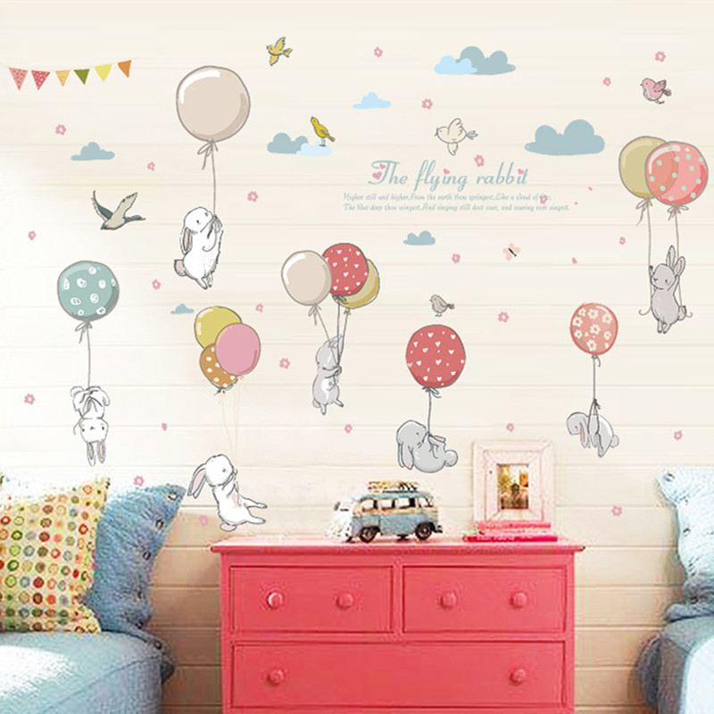 Cartoon Wolken Diy Muurschildering Leuke Ballon Konijn Bunny Muur Sticker Voor Kinderkamer Decor Meubels Garderobe Slaapkamer Woonkamer Decal