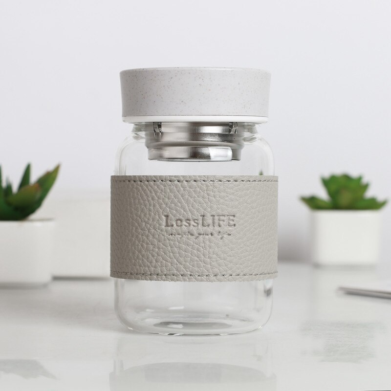 Small Transparent "LESSLIFE " Glass Bottles Water Cartoon Bottle Glass Straw Glasses Simple Cup Waterbottle Bottle: Gray