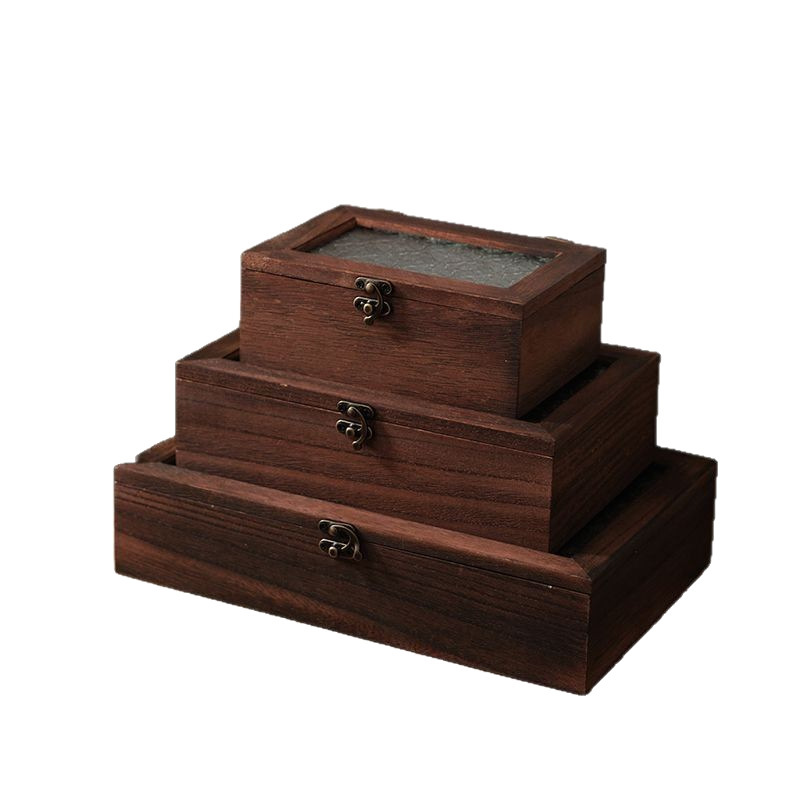 Retro trä dammtät förvaringslåda med fliplock i glas skrivbord smyckeskrin fukttät oxidationssäker verktygslåda för hemmabruk
