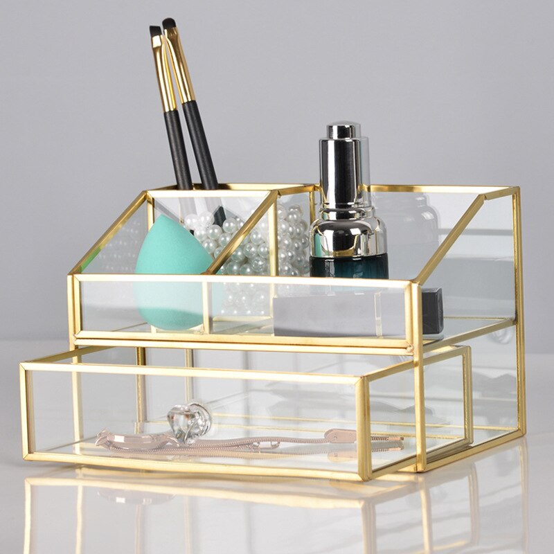 Make-up organizer van glas met lade, gouden rand, cosmetica organizer, sieradenrek, opbergdoos voor lippenstiftringen, make-upkwastenhouder