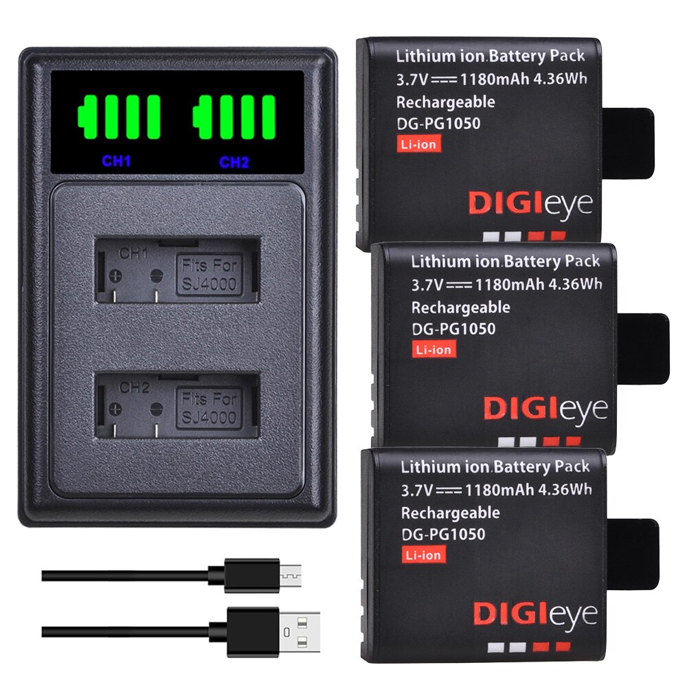 Batterie 1180mAh PG1050 + chargeur LED double USB, pour SJCAM SJ4000 SJ5000 SJ5000X pour EKEN H9 H9R H8R H8 GIT PG900 AKASO EK7000: 3 battery 1charger