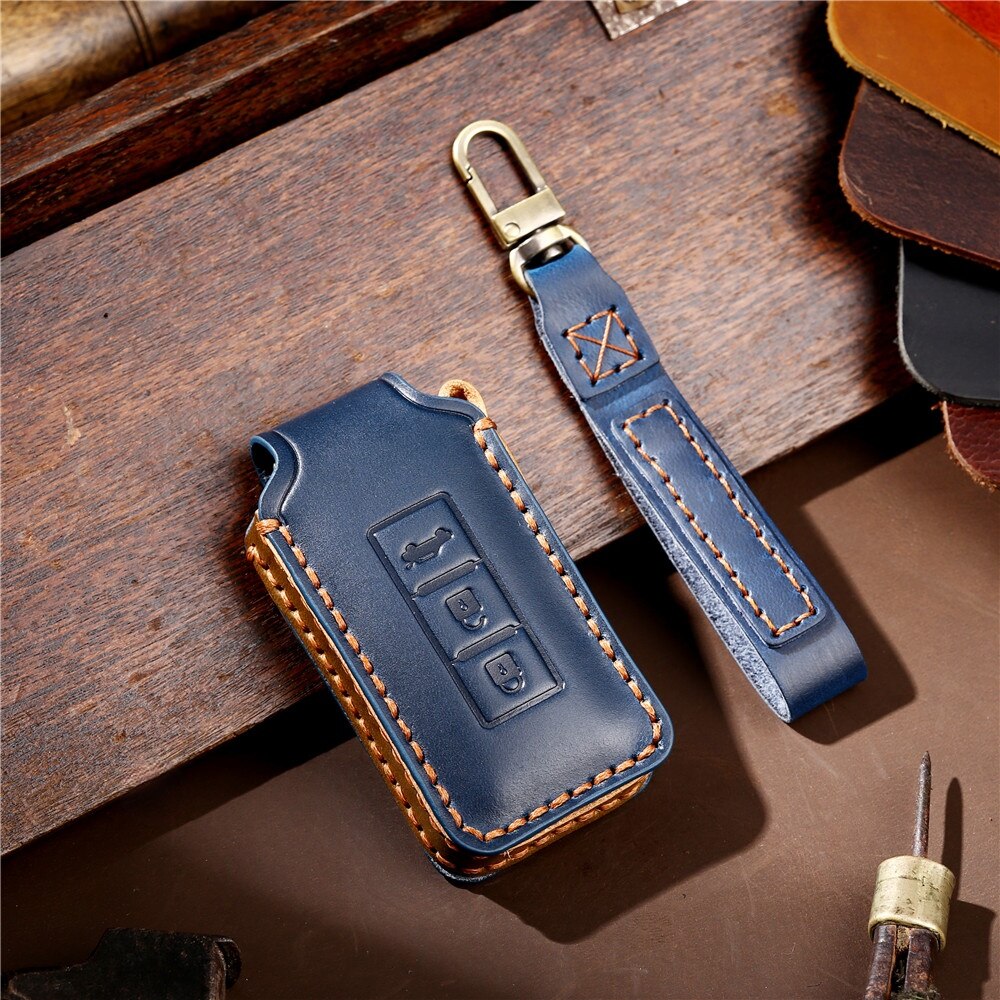 Leather Car Key Case For Mitsubishi Outlander Lancer 10 Pajero Sport L200 ASX RVR Smart Remote Fobs Protector Cover Keychain Bag: 3 Buttons Blue