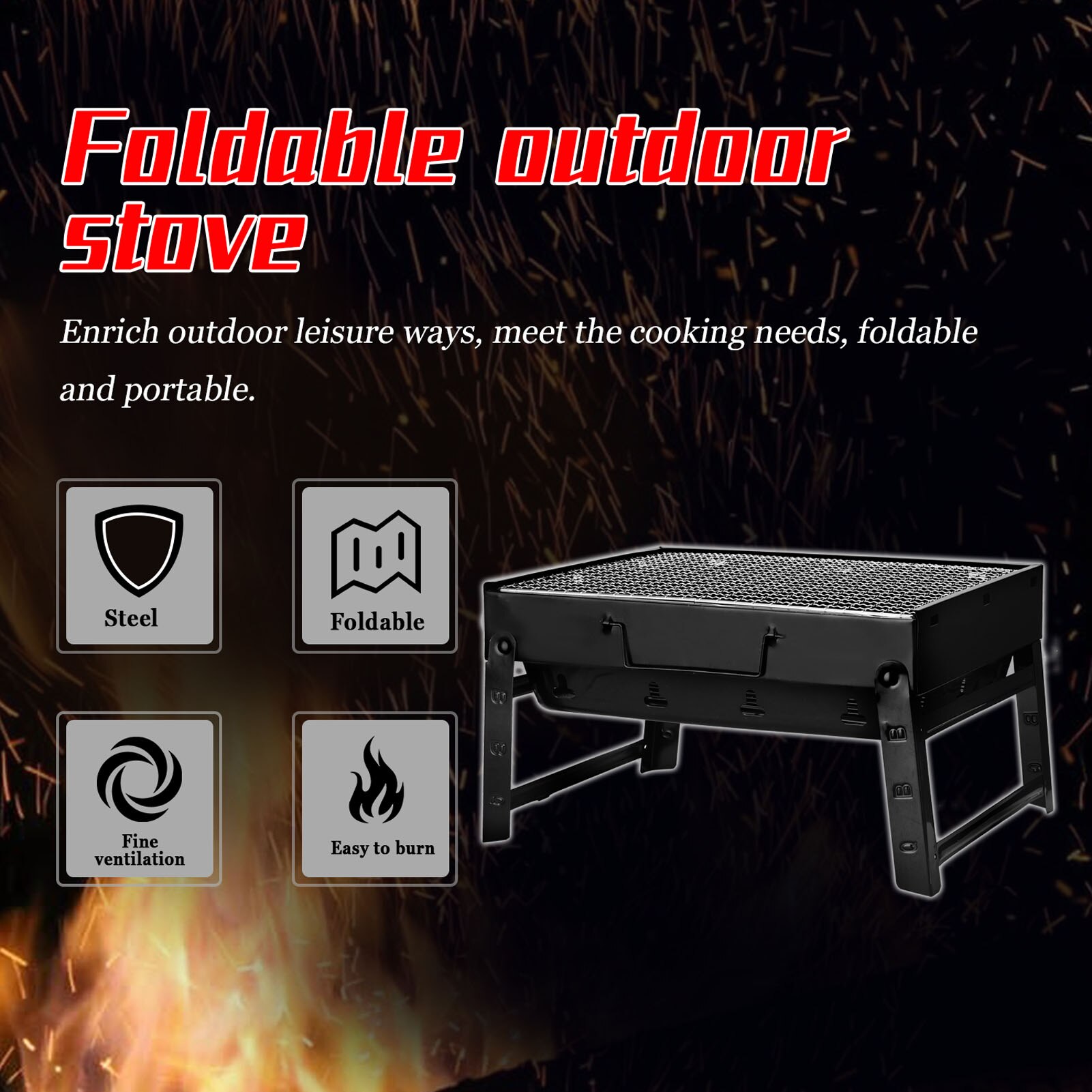Thickened BBQ Portable Barbecue Oven Folding Home Grill Outdoor Black Steel Furnaces Outdoor Compact Grill Cooker