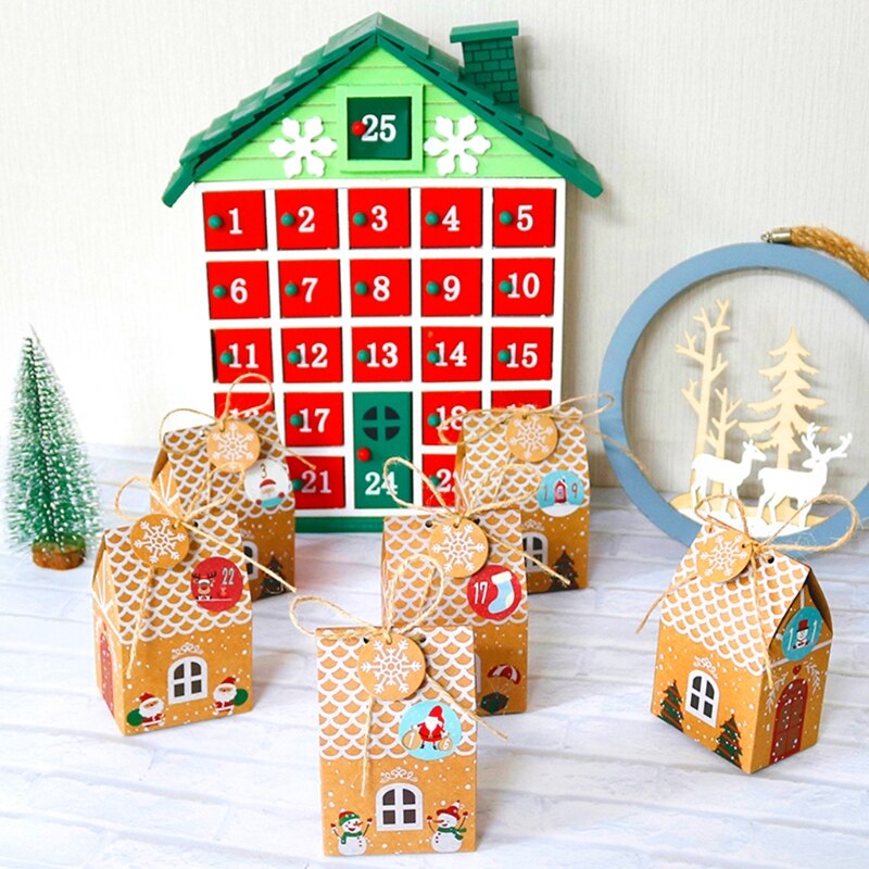 24 sæt julehus kasse kraftpapir kager slikpose snefnug tags 1-24 adventskalender klistermærker reb festartikler