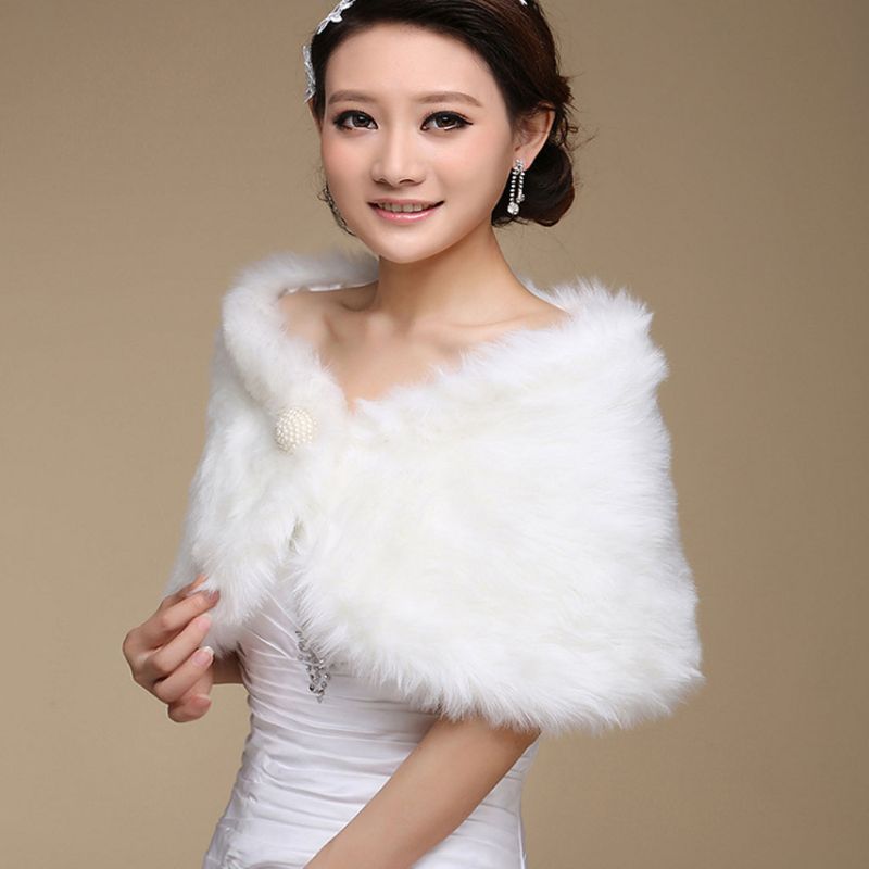 Womens Wit Faux Fur Bruids Wrap Stola Sjaal Cape Bruiloft Kunstmatige Parel Bal Versiering Winter Jasje Bolero