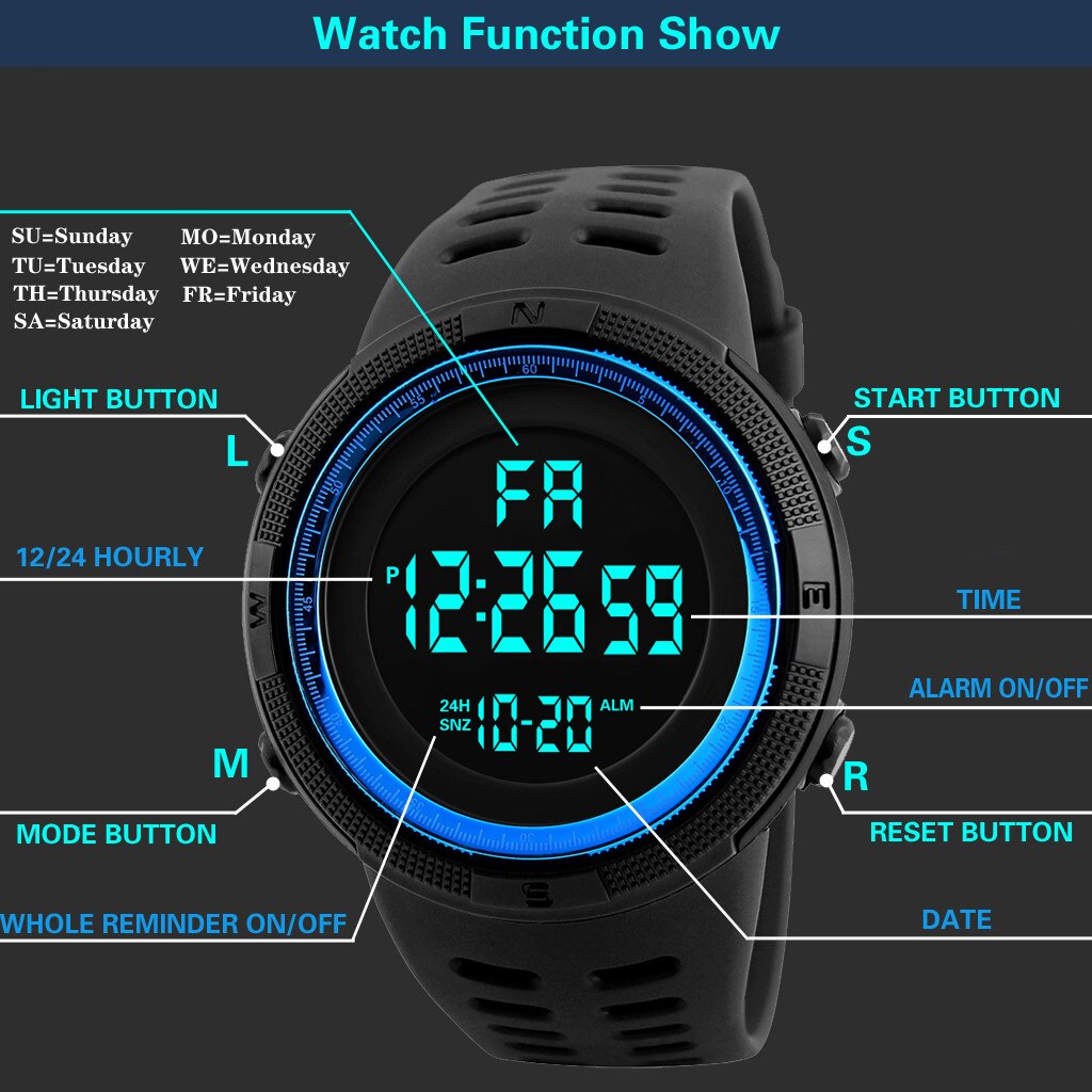 Outdoor Sport Horloge Mannen Horloge Klok Multifunctionele Alarm Digitale Horloge Waterdicht Digit Horloge Reloj Hombre